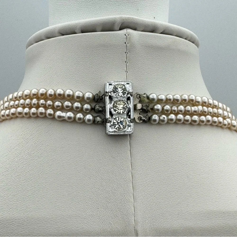 Vintage Japan 3-Strand Faux Pearl Necklace Rhinestone Box Clasp